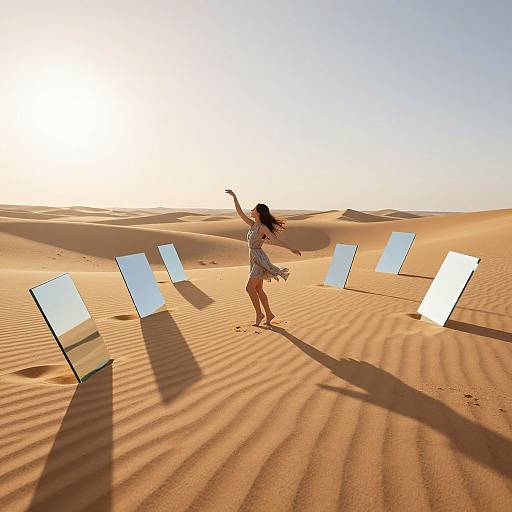 Photograph of a woman in a white dress dancing in a sunlit desert with five leaning, illuminated mirrors casting striped shadows.