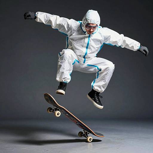 Man in Hazmat Suit Performing Skateboard Trick