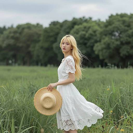 Blonde Woman in Lace Dress in Nature
