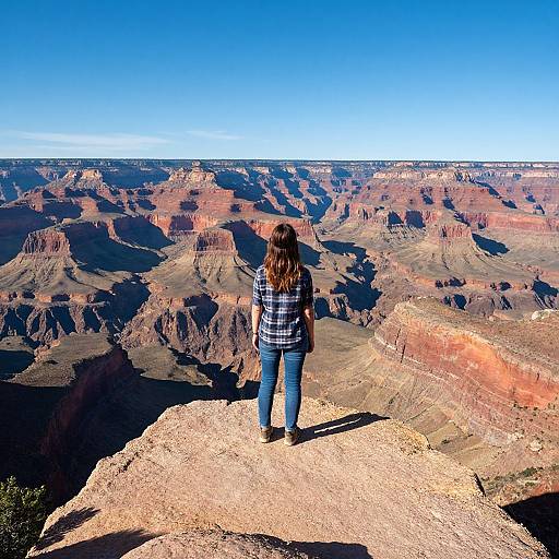 Photograph of a woman with brown hair, wearing a plaid shirt and jeans, standing on a cliff overlooking the Grand Canyon under a clear blue sky