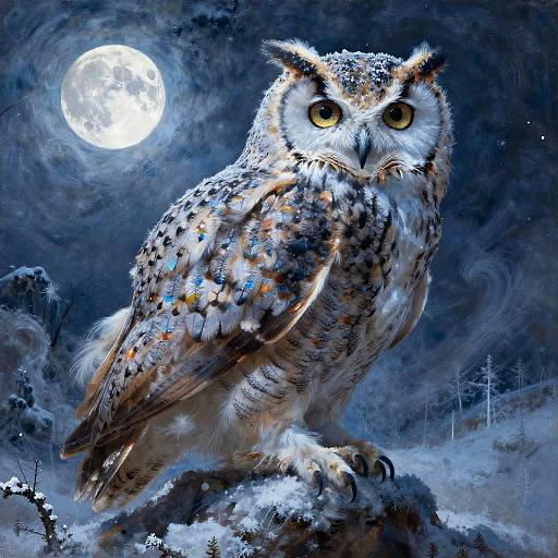 Digital painting of a detailed, snowy owl with bright yellow eyes, perched on a snowy rock under a full moon.