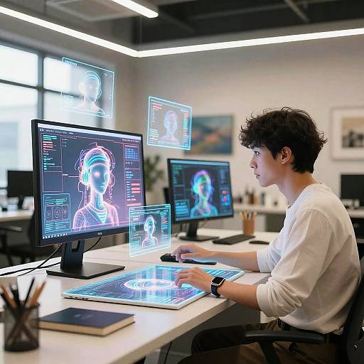 Photograph of a young man with curly dark hair, wearing a white long-sleeve shirt, working on a glowing digital design project at a modern