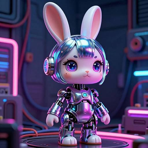 CGI image of a cute, white, robotic bunny with blue and purple accents, large purple eyes, and metallic armor, standing in a neon-l