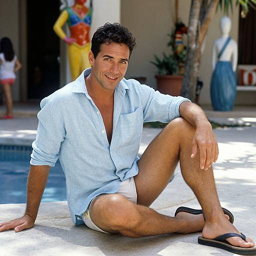 Photograph of a smiling, dark-haired man in a light blue shirt and white shorts, sitting by a pool, with colorful mannequins and