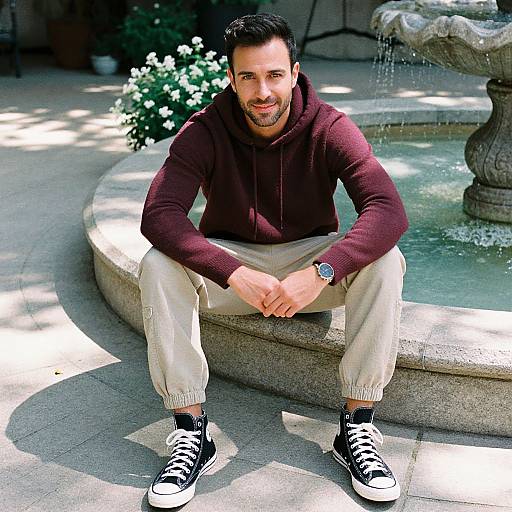 Casual Masculine Style in Serene Setting