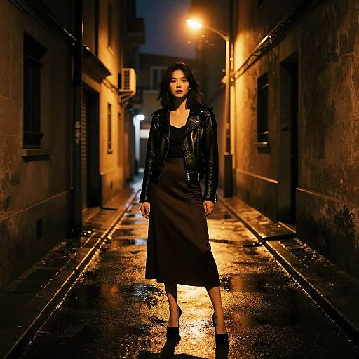 Photograph of a dark-haired woman in a black leather jacket and long skirt, standing confidently on a wet, alleyway street at night, illuminated by
