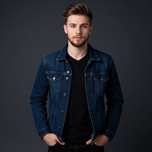 Photograph of a handsome, bearded Caucasian man with short brown hair, wearing a dark blue denim jacket over a black shirt, standing against a dark