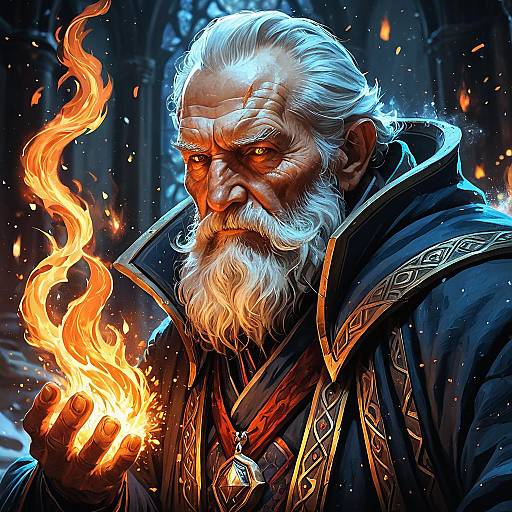 Elderly Necromancer in Fiery Elegance