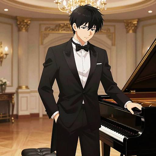 Sophisticated Pianist in Elegant Anime Style