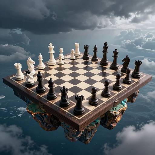 Floating chessboard with black and white pieces under dramatic cloudy sky, suspended mid-air with rocky base. CGI image.