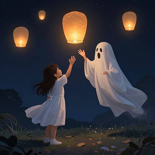 Digital illustration of a young girl in a white dress releasing a lantern, with a ghost floating beside her under a starry night sky, surrounded by floating