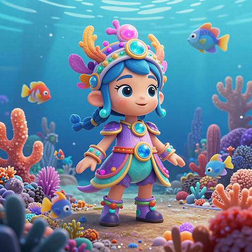 Digital CGI of a cute, blue-haired child with colorful accessories, standing in a vibrant, underwater coral reef, surrounded by colorful fish.