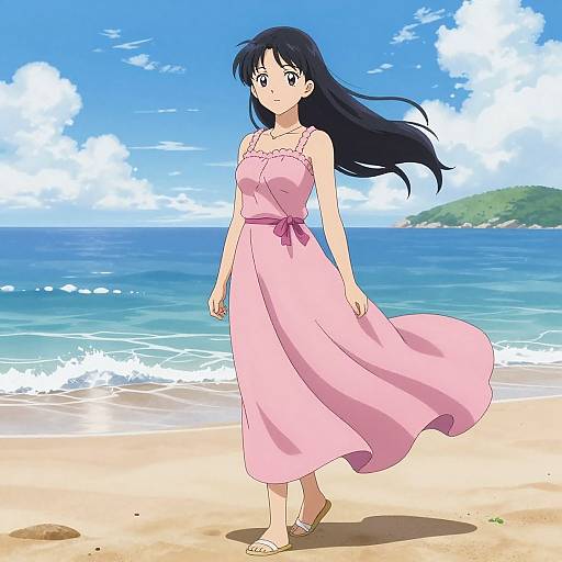 Anime-style drawing of a young woman with long black hair, wearing a flowing pink sundress, walking on a sunny beach with blue ocean and clear sky