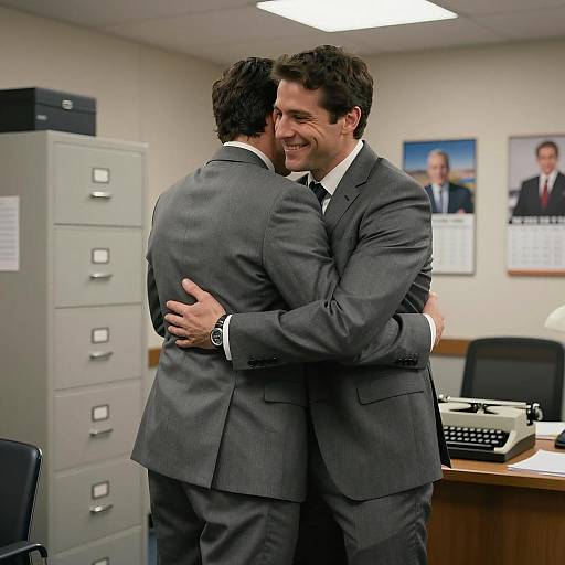 Affectionate Office Embrace Between Men