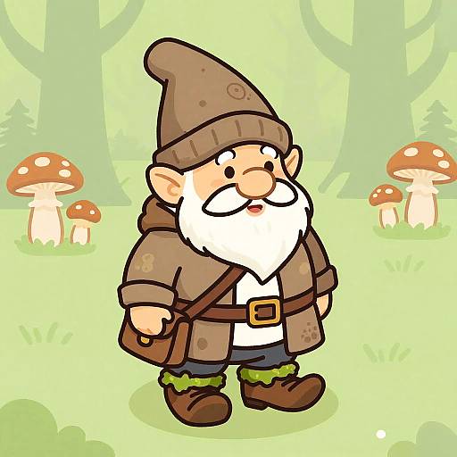 Cartoon-style drawing of a chubby, bearded gnome with brown hat and coat, standing in a green forest with mushrooms.