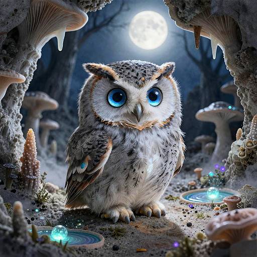 Moonlit Chibi Owl at Bioluminescent Grotto