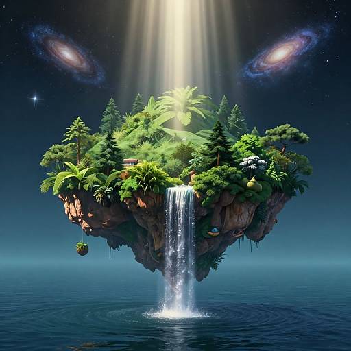 Photorealistic CGI of a floating island with lush greenery, waterfall, and two glowing galaxies, bathed in radiant light, surrounded by calm ocean