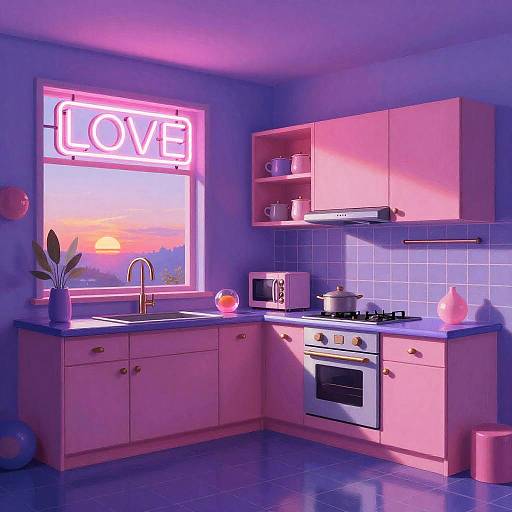 Vaporwave Retro-Futuristic Kitchen Interior