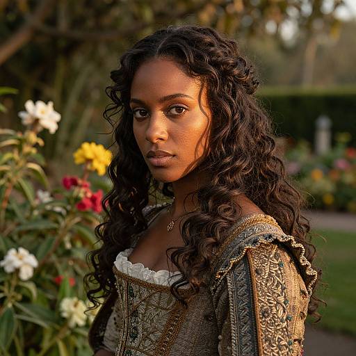 Photograph of a beautiful Black woman with long, curly black hair, wearing an ornate, brown, patterned dress, standing in a colorful garden