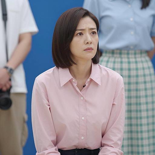 Serious Woman in Pink Shirt Kneeling