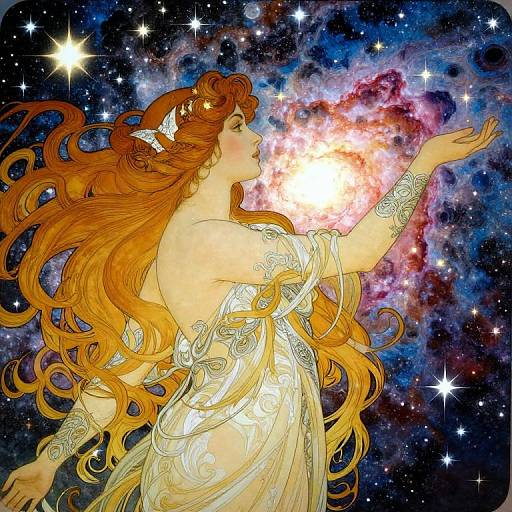 Digital art of a red-haired woman in a flowing, ornate gown reaching towards a vibrant, glowing nebula in a starry space background.