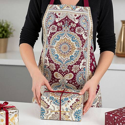 Photograph of a person in a black shirt and ornate maroon and blue patterned apron, holding a wrapped gift with both hands. Background