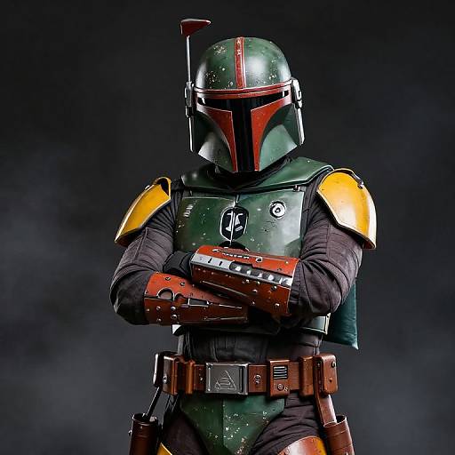 Photograph of a Mandalorian character in detailed, green armor with yellow shoulder plates, red facial mask, and crossed arms, set against a dark,