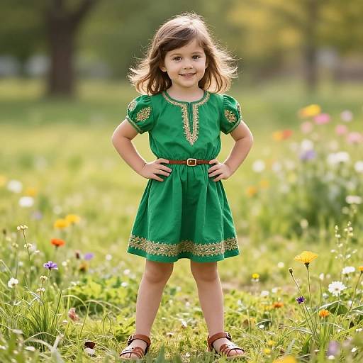 Photograph of a smiling young girl with brown hair, wearing a green dress with gold embroidery, brown belt, and sandals, standing confidently in a colorful