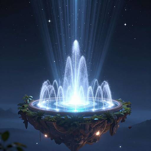 Floating island fountain at night, illuminated by bright blue water jets, surrounded by starry sky and lush greenery.