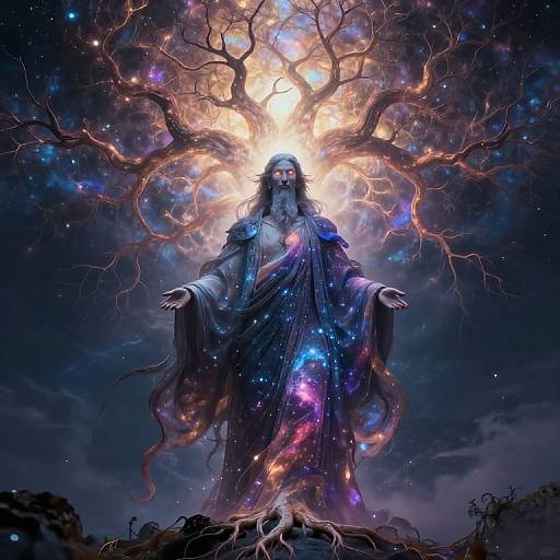 Digital art of a divine figure with long hair, beard, and cosmic robe, standing under a glowing, starry tree, arms outstretched.