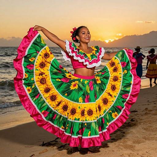 Photograph of a smiling Black woman in vibrant, sunflower-patterned, pink and green traditional Mexican dress, twirling on a beach at sunset.