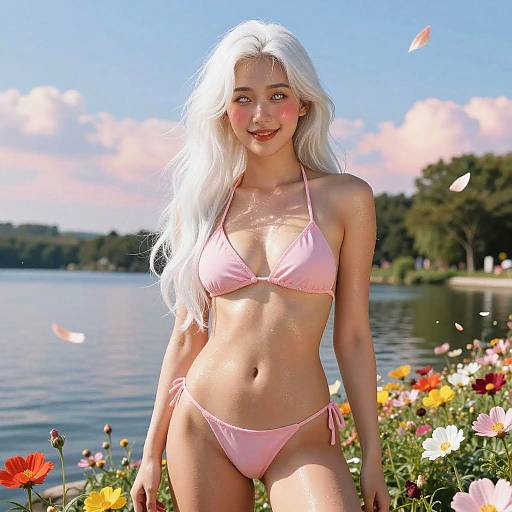 Realistic White-Haired Girl at Lake