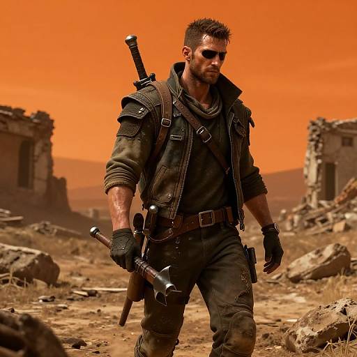 Photorealistic CGI of a muscular, bearded man with short dark hair, wearing dark tactical gear, gloves, and sunglasses, carrying swords, walking