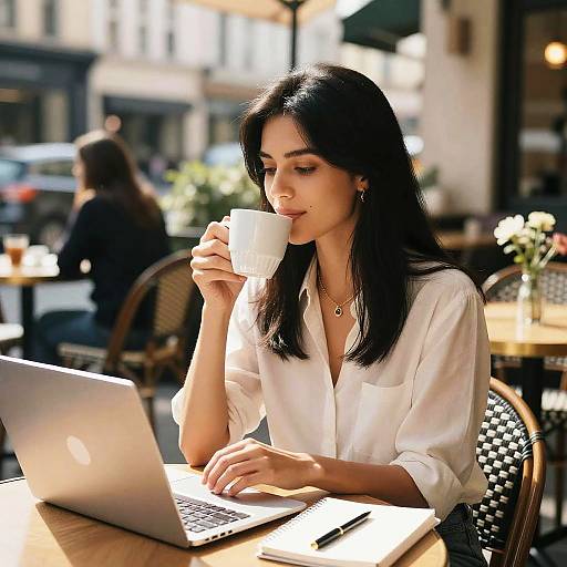 Photograph of a young woman with long black hair, wearing a white blouse, sipping from a white cup while working on a laptop at a sun