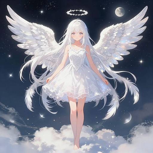 Digital anime-style artwork of a white-haired angel with large wings, halo, and white dress, floating on clouds under a starry night sky with a