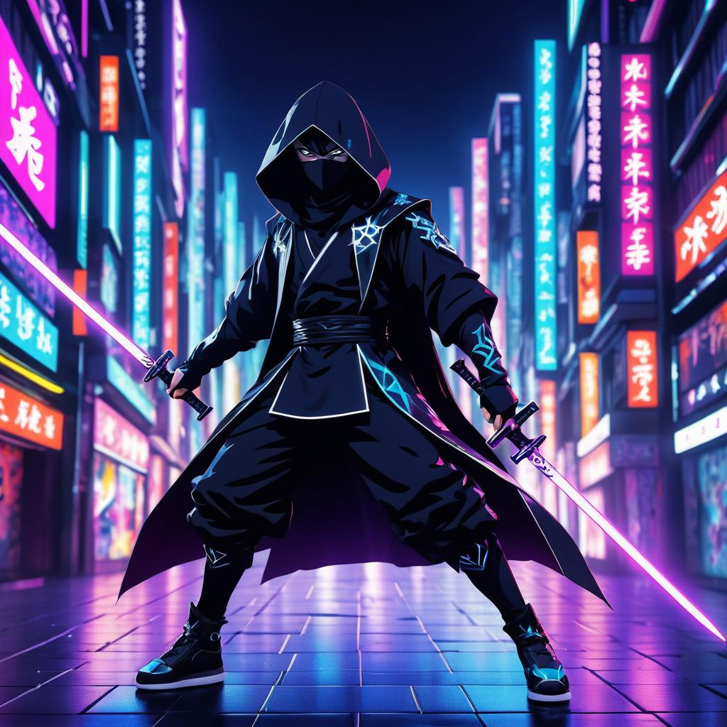 Ninja Assassin in Neon Cityscape