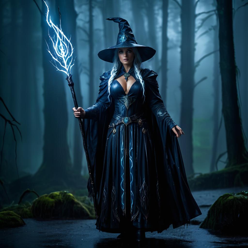 Dramatic Sorceress in Rainy Forest