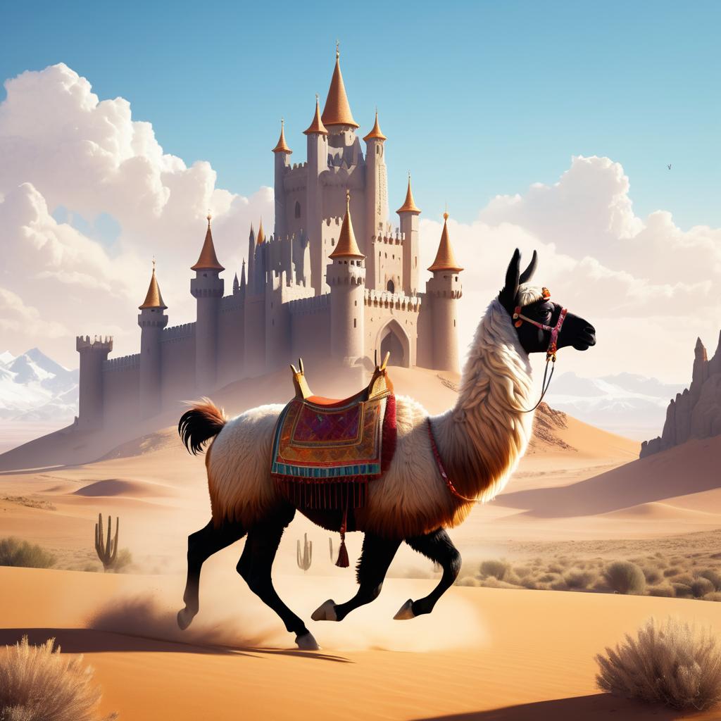 Llama-Castle Hybrid Galloping in Desert