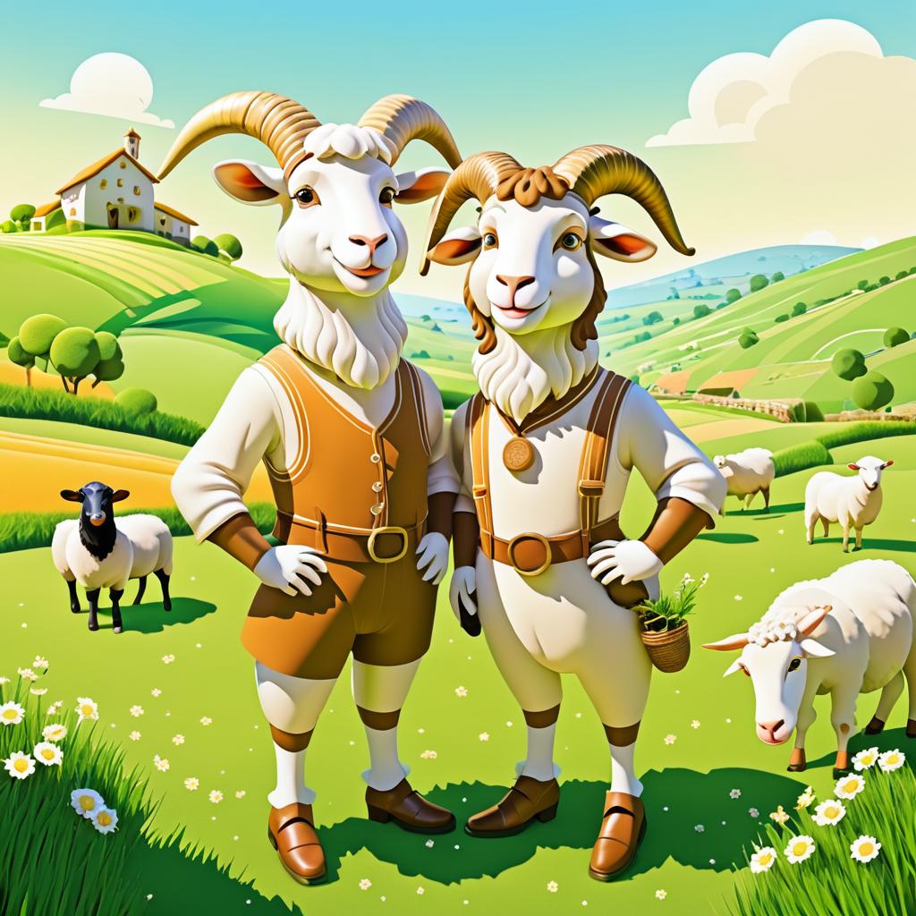 Whimsical Portrait of Sheep and Goat