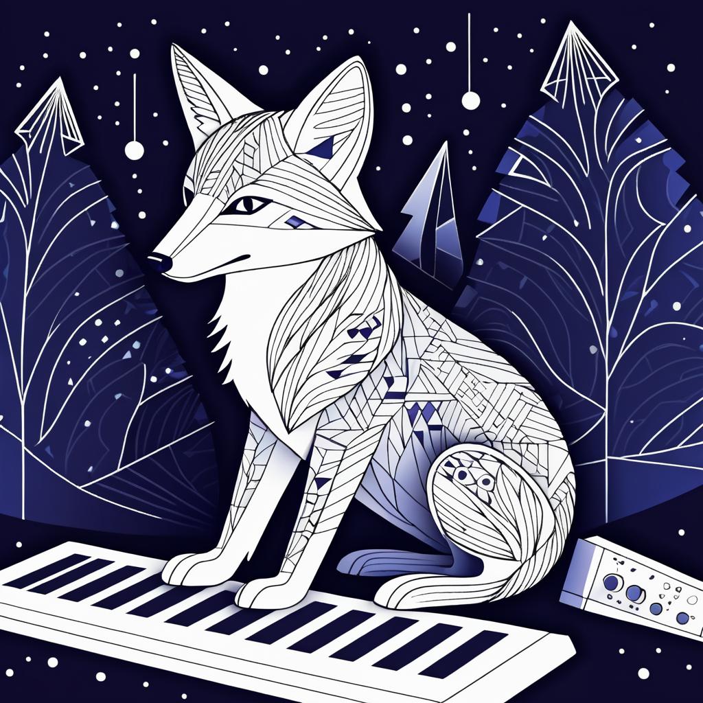 Fox Playing Synth in Line Art Style