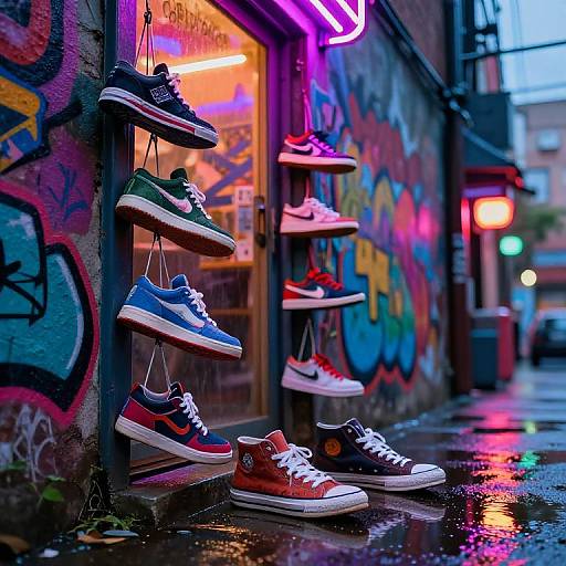 Vibrant photograph of colorful sneakers hanging on a graffiti-covered urban wall, illuminated by neon lights, with a wet, reflective street.