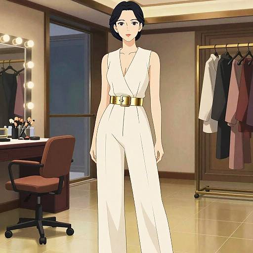 Digital anime-style illustration of a woman in a white jumpsuit with gold belt, standing in a well-lit dressing room.