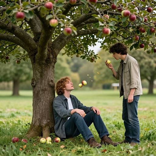 Photograph of a young couple under an apple tree; boy standing, holding apple, girl seated, looking up, orchard background.
