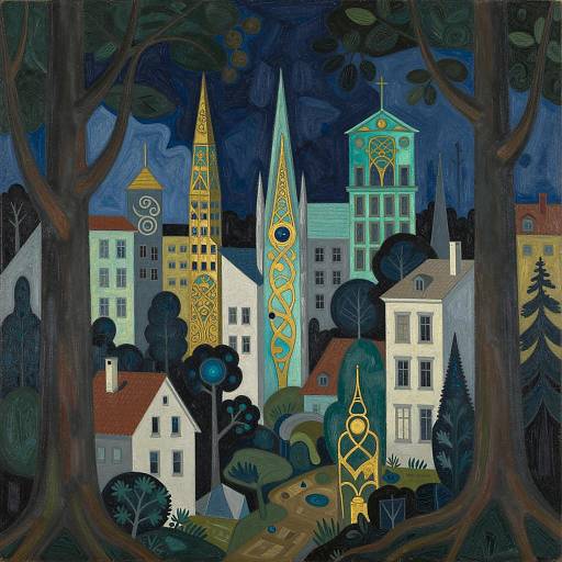 Whimsical Cityscape with Art Nouveau Details