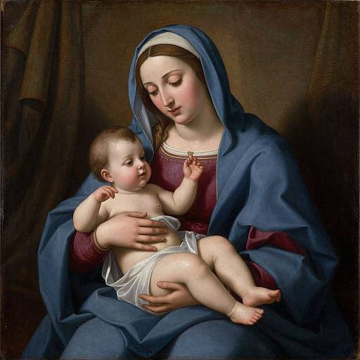 Photograph-like digital painting of a serene Madonna cradling baby Jesus, both with fair skin, blue cloak, maroon dress, baby in white