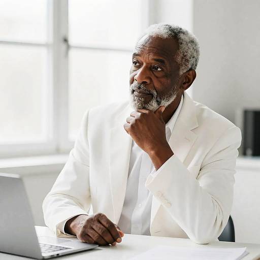 Photograph of a thoughtful elderly African-American man with gray hair and beard, wearing a white suit, sitting at a bright office desk with a laptop.