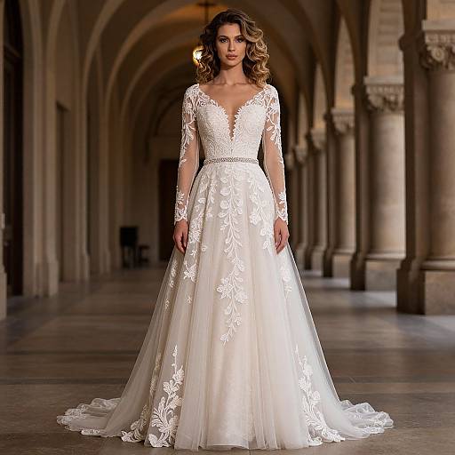 Photograph of a curly-haired woman in a white lace long-sleeve wedding gown with a deep V-neck, standing in a grand, arched