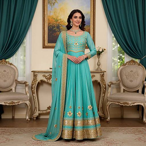 Photograph of a South Asian woman in a turquoise traditional lehenga with gold embroidery, standing in an elegant room with green curtains and ornate chairs.