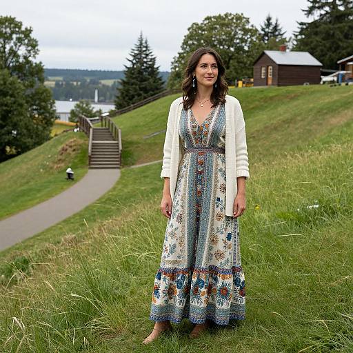 Photograph of a smiling woman with wavy brown hair, wearing a white cardigan over a blue and white patterned dress, standing on a grass