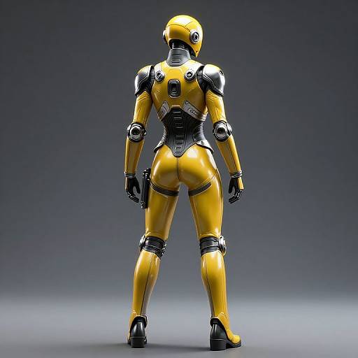 Photorealistic CGI of a yellow humanoid robot with black accents, standing with back to viewer, against a gradient gray background.